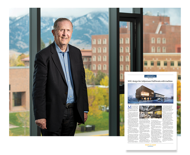 Norm stands inside the Norm Asbjornson College of Engineering shortly before its opening to the public in the fall of 2018. The design for Norm Asbjornson Hall broke with the tradition of building with red bricks to bring a new aesthetic to the Montana State University campus.