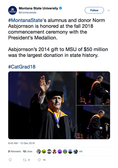 MSU President Waded Cuzado presented Norm with the President’s Medallion at the fall 2018 commencement ceremony.